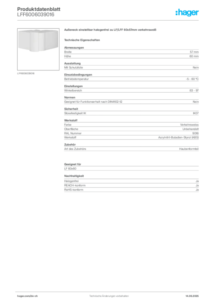 Bild Hager Produktdatenblatt LFF6006039016 | Hager Schweiz