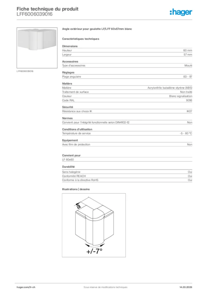 Image Hager Fiche technique du produit LFF6006039016 | Hager Suisse