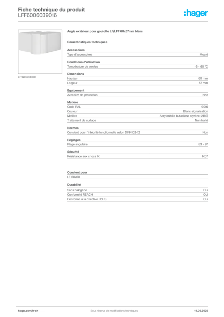 Image Hager Fiche technique du produit LFF6006039016 | Hager Suisse