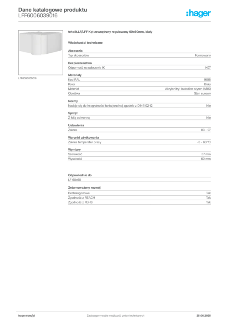 Zdjęcie Hager Karta katalogowa LFF6006039016 | Hager Polska