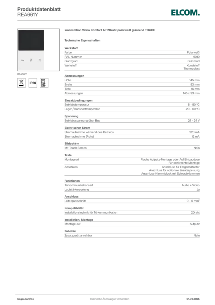 Bild Elcom Produktdatenblatt REA661Y | Hager Deutschland