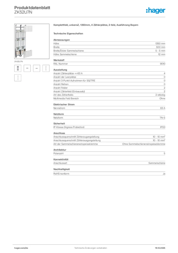 Bild Hager Produktdatenblatt ZK52U7N | Hager Deutschland