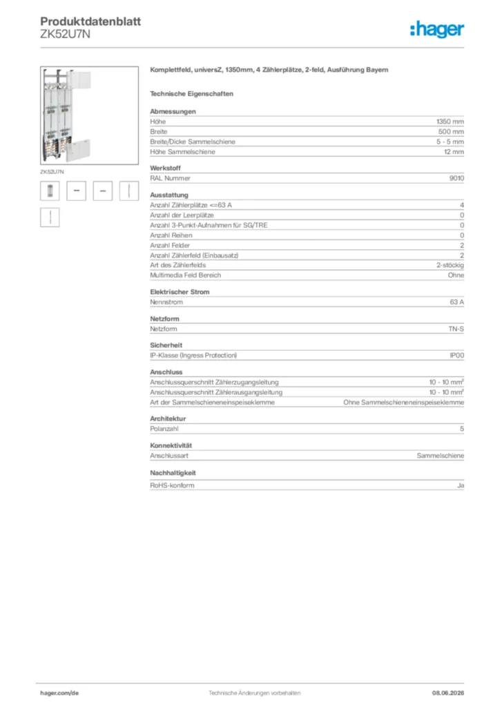 Bild Hager Produktdatenblatt ZK52U7N | Hager Deutschland