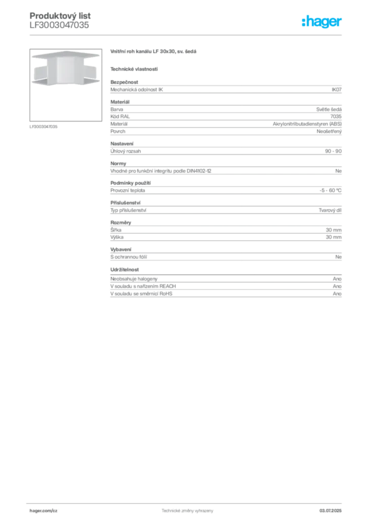 Obrázek Hager Produktový list LF3003047035 | Hager