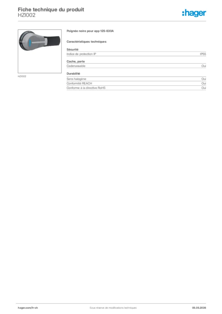 Image Hager Fiche technique du produit HZI002 | Hager Suisse