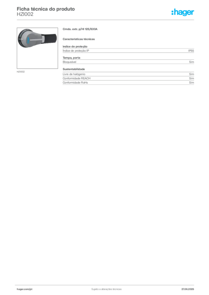 Imagem Hager Ficha técnica do produto HZI002 | Hager Portugal