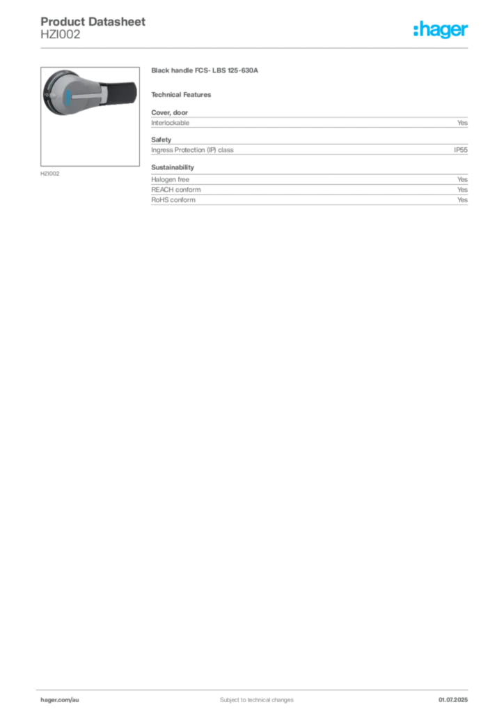Image Hager Product data sheet HZI002  | Hager Australia