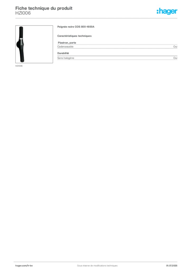 Image Hager Fiche technique du produit HZI006 | Hager Belgique