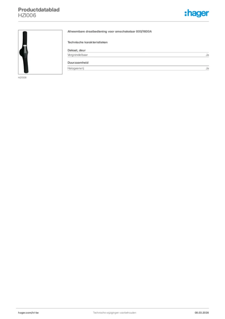 Afbeelding Hager Productdatablad HZI006 | Hager Belgium