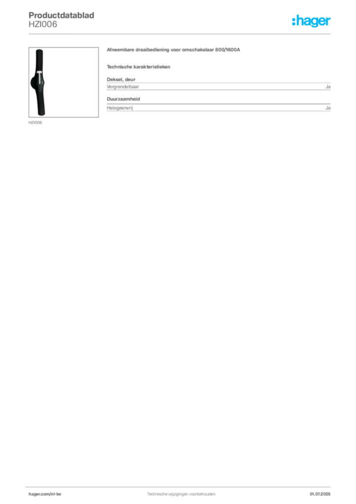 Afbeelding Hager Productdatablad HZI006 | Hager Belgium