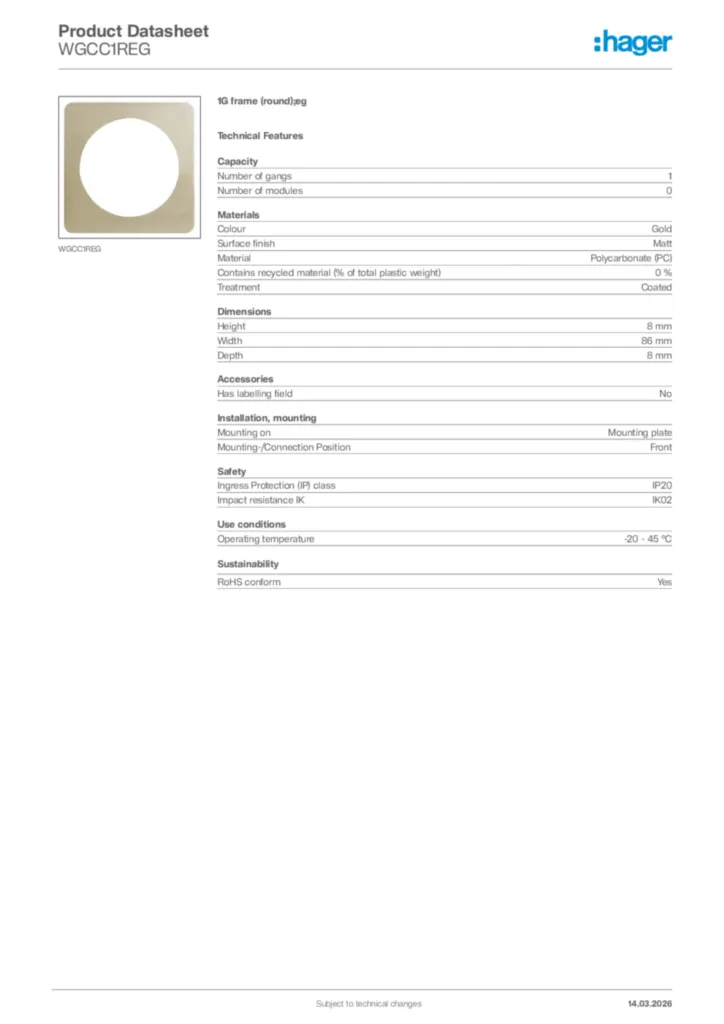 Image Hager Product data sheet WGCC1REG  | Hager Africa