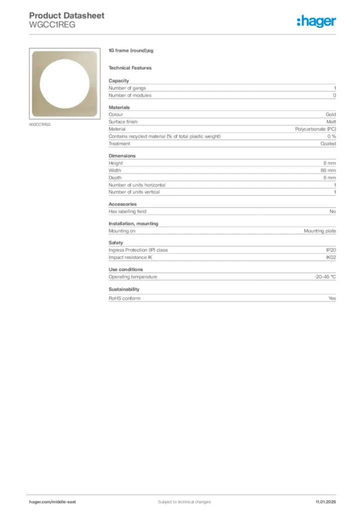 Image Hager Product data sheet WGCC1REG  | Hager