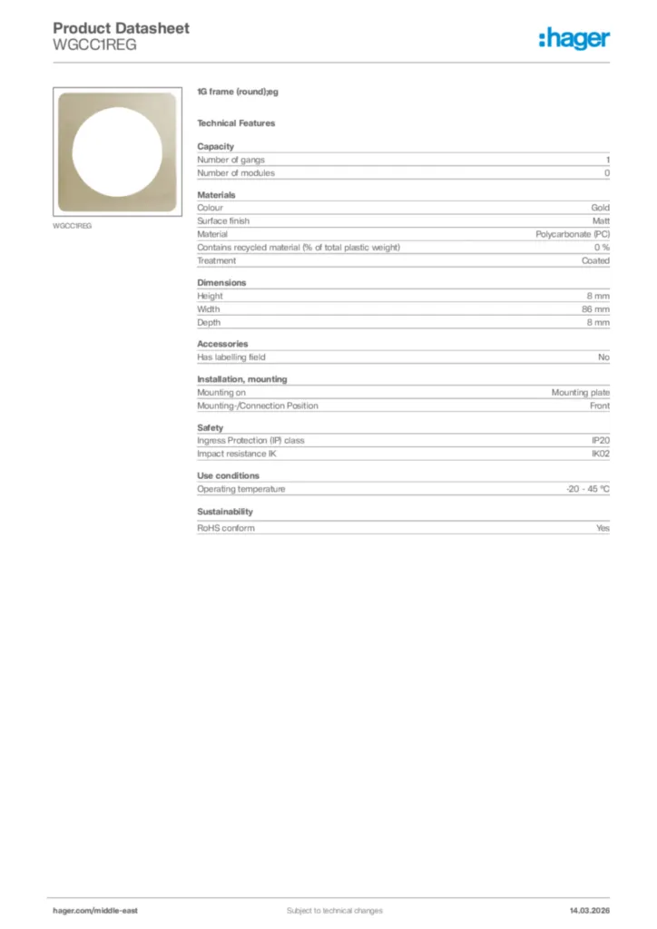 Image Hager Product data sheet WGCC1REG  | Hager