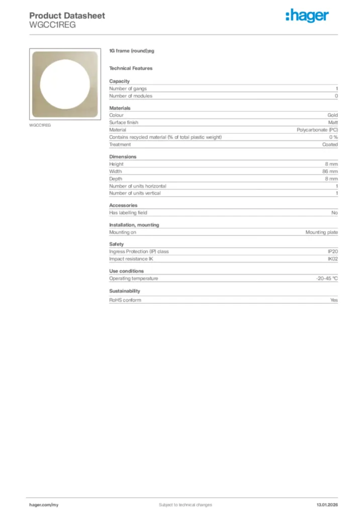 Image Hager Product data sheet WGCC1REG  | Hager