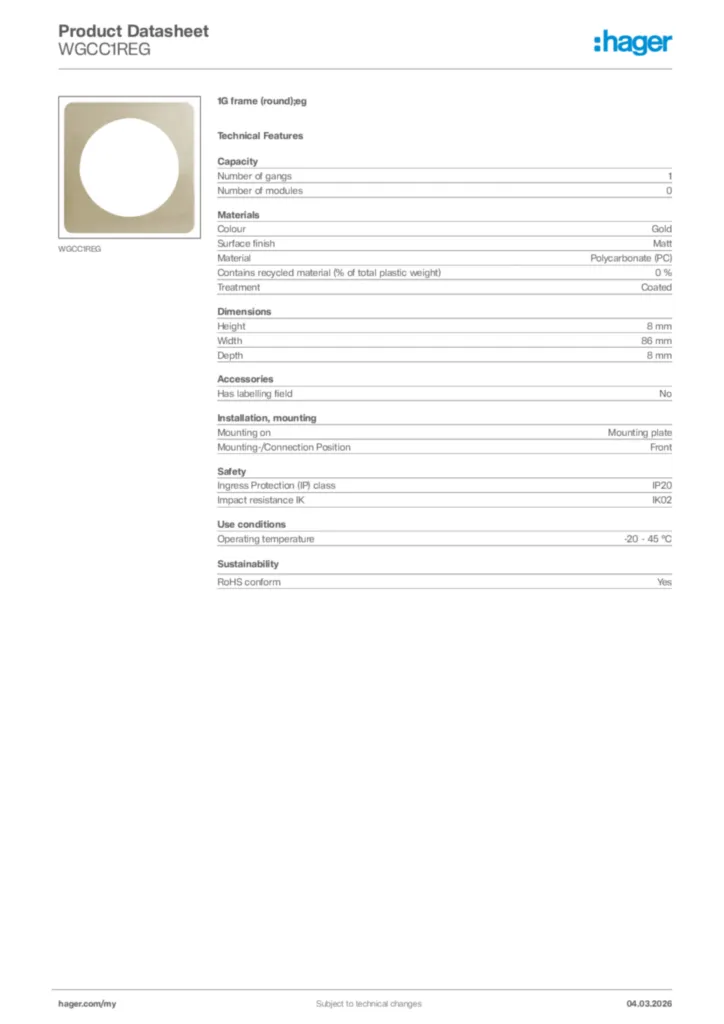 Image Hager Product data sheet WGCC1REG  | Hager