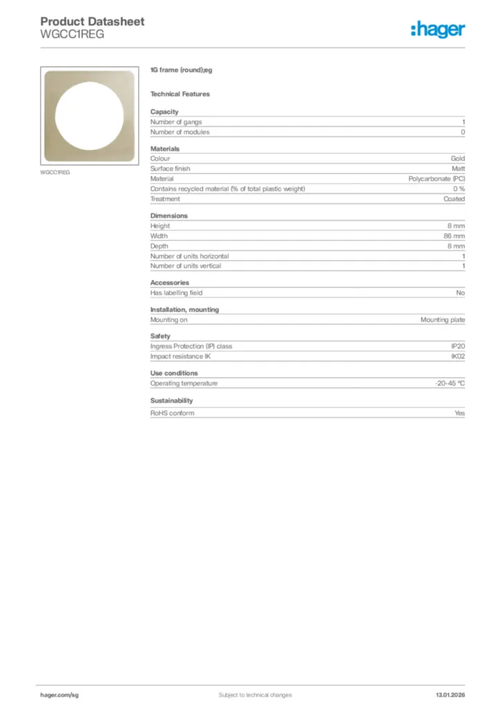 Image Hager Product data sheet WGCC1REG  | Hager