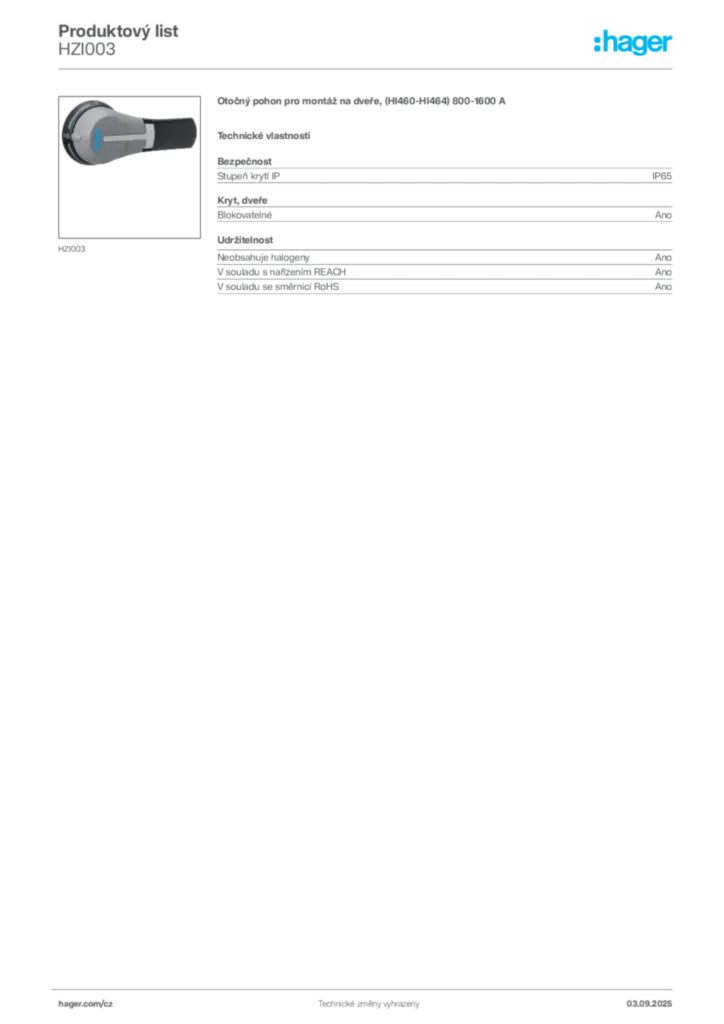 Obrázek Hager Produktový list HZI003 | Hager
