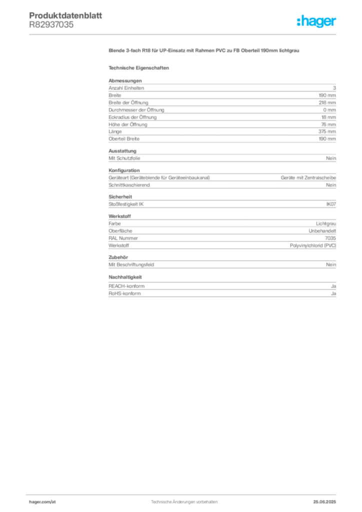 Bild Hager Produktdatenblatt R82937035 | Hager Deutschland