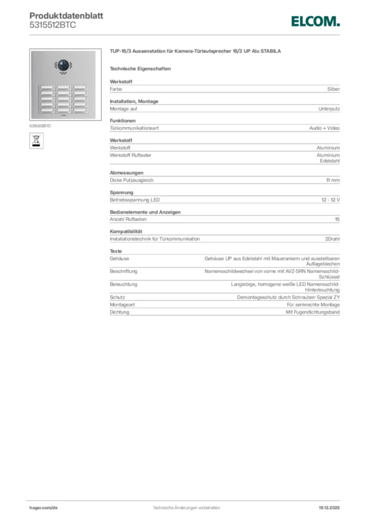 Bild Elcom Produktdatenblatt 5315512BTC | Hager Deutschland