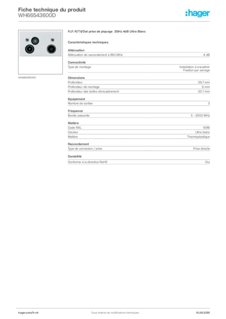 Image Hager Fiche technique du produit WH66543600D | Hager Suisse