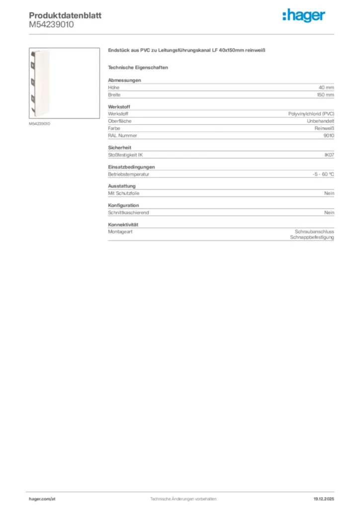 Bild Hager Produktdatenblatt M54239010 | Hager Deutschland