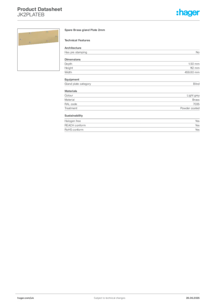Image Hager Product data sheet JK2PLATEB  | Hager
