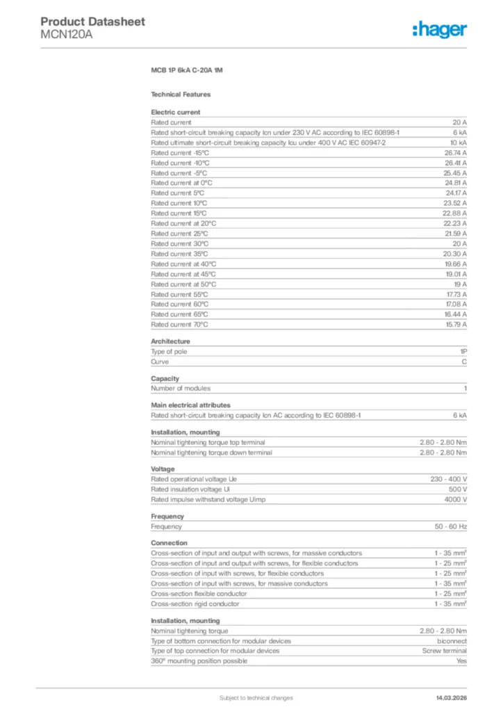 Image Hager Product data sheet MCN120A  | Hager Africa