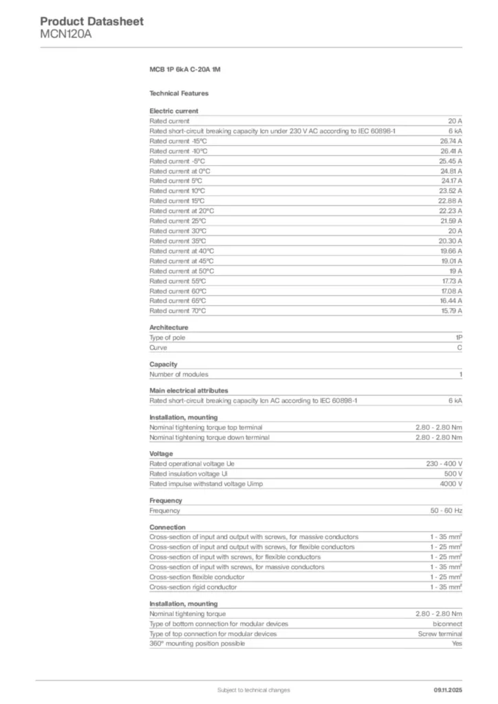 Image Hager Product data sheet MCN120A  | Hager Africa