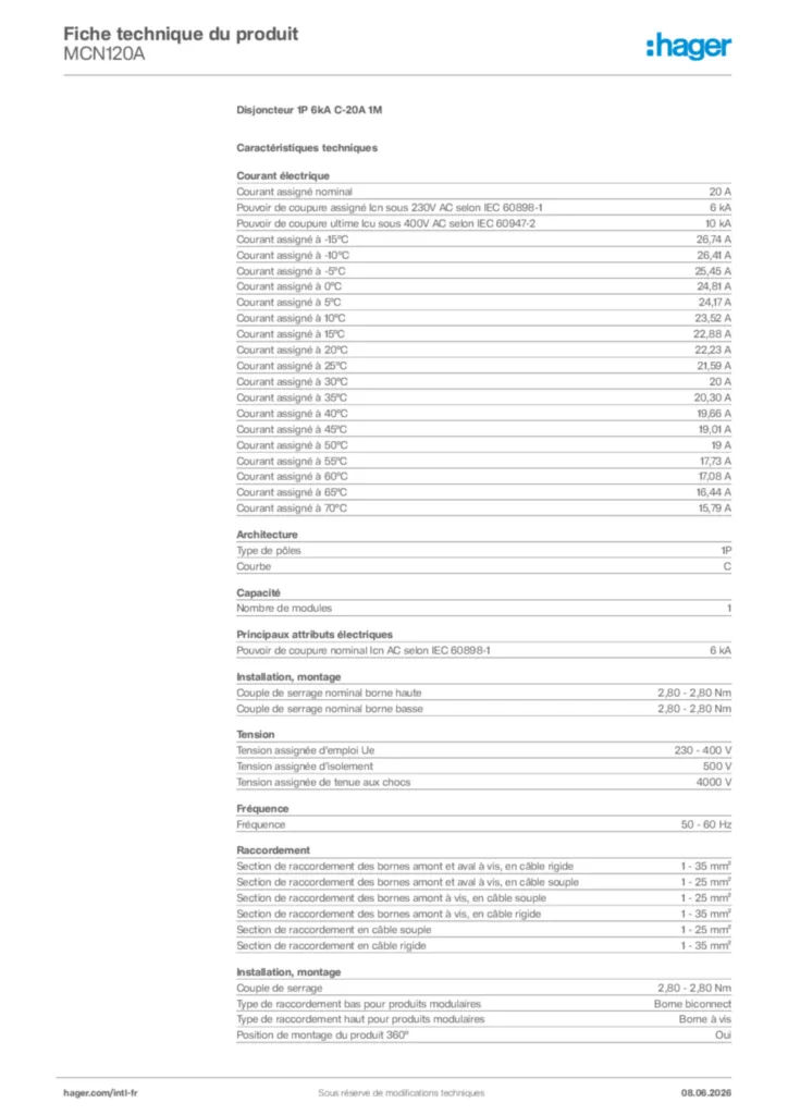 Image Hager Fiche technique du produit MCN120A | Hager Afrique