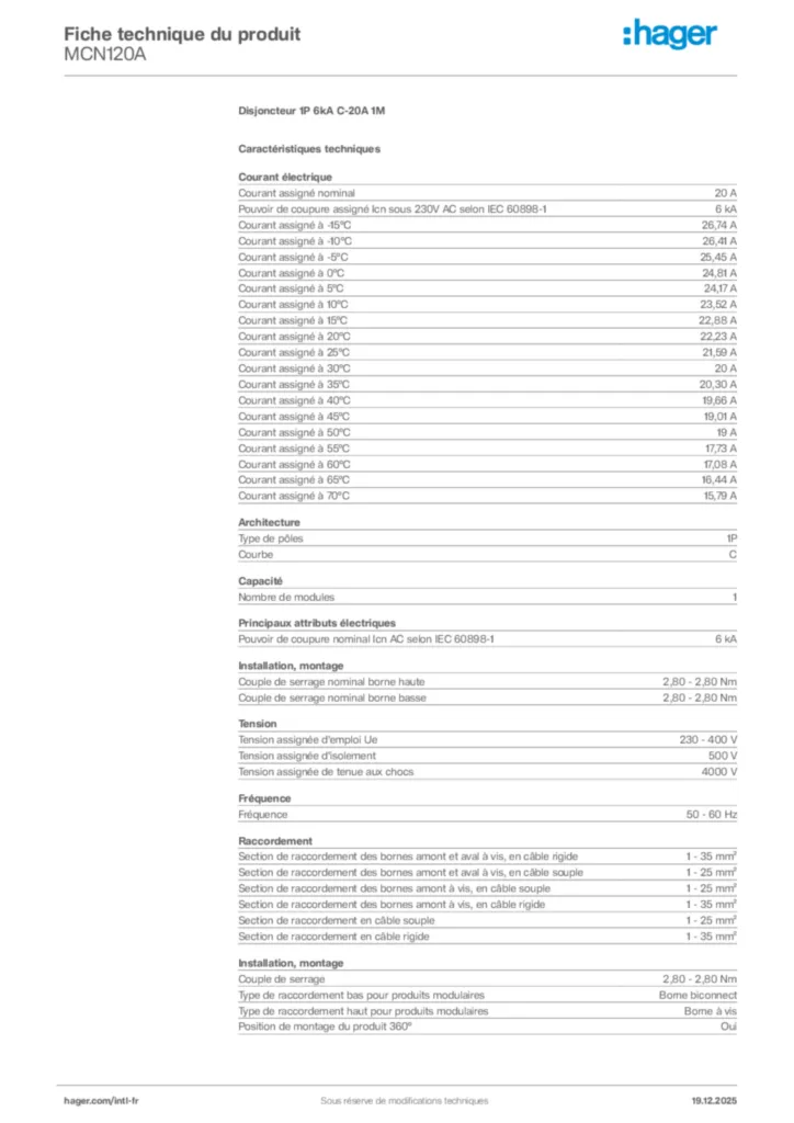 Image Hager Fiche technique du produit MCN120A | Hager Afrique