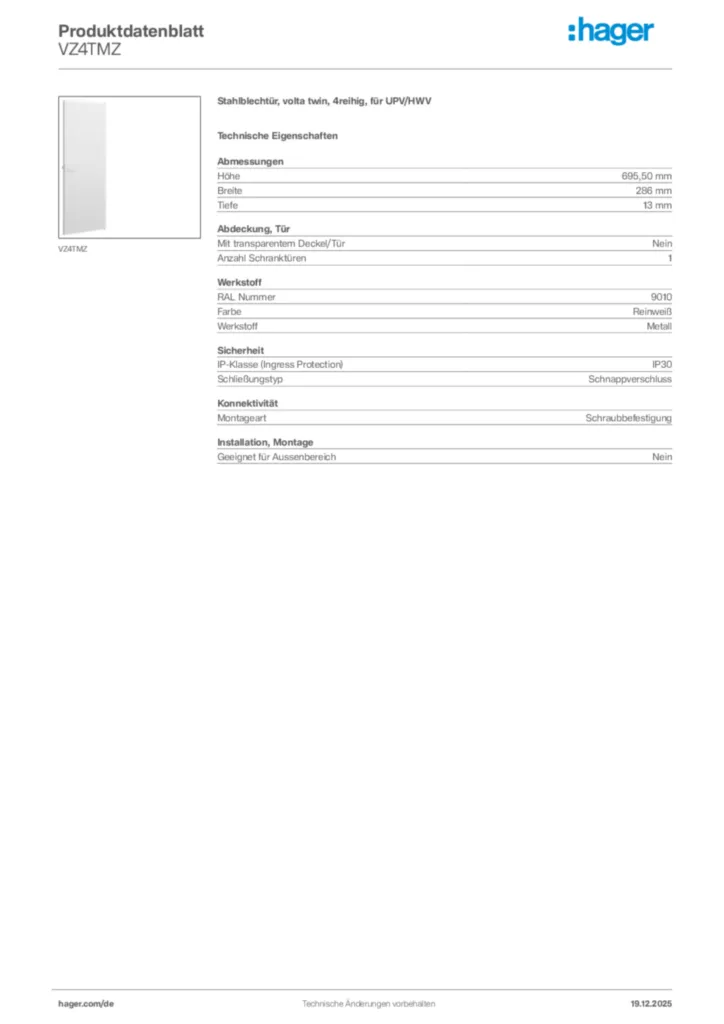 Bild Hager Produktdatenblatt VZ4TMZ | Hager Deutschland