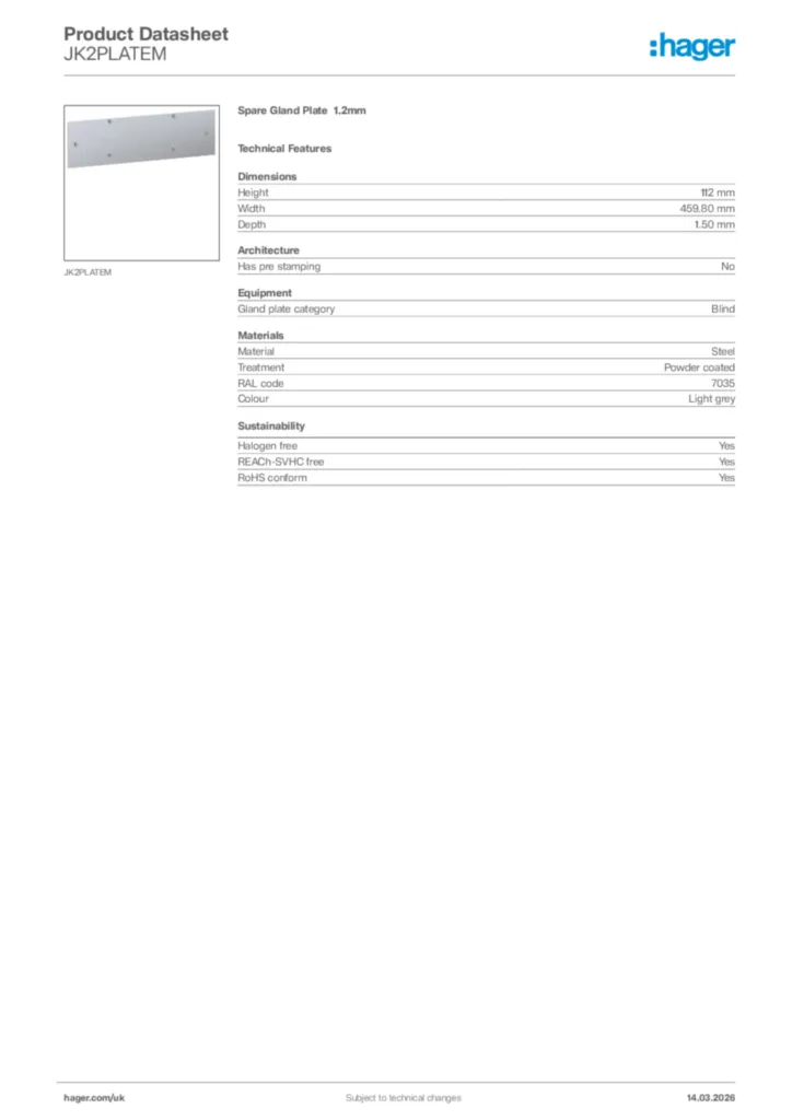 Image Hager Product data sheet JK2PLATEM  | Hager