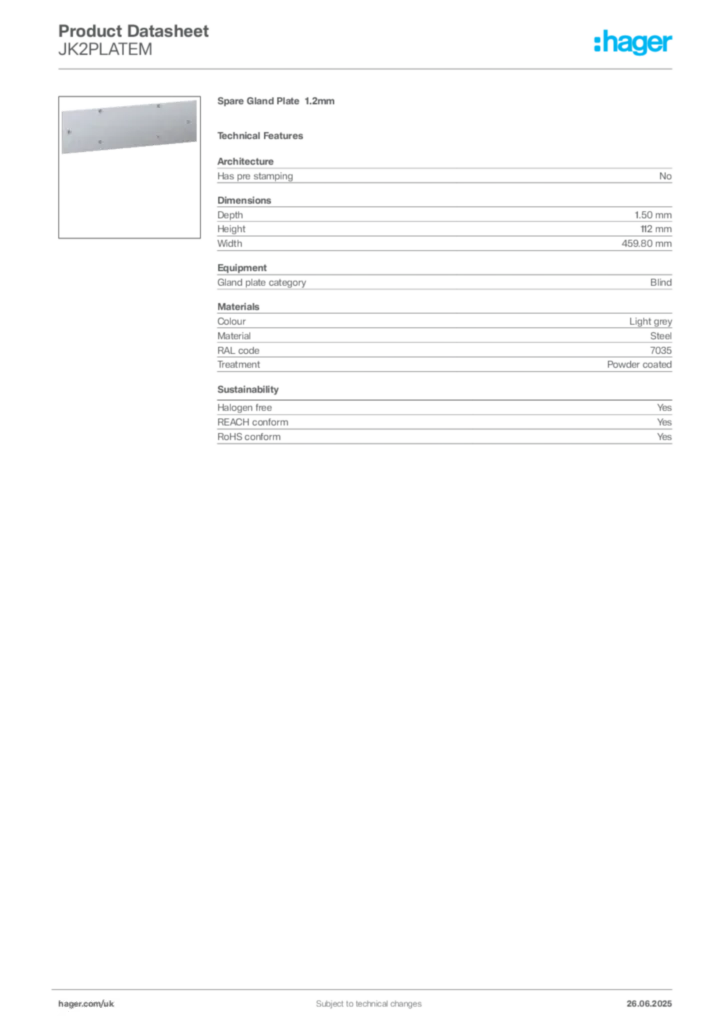 Image Hager Product data sheet JK2PLATEM  | Hager