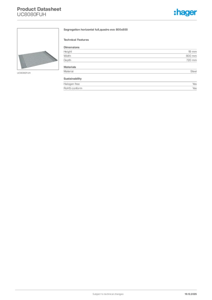 Image Hager Product data sheet UC8080FUH  | Hager Africa
