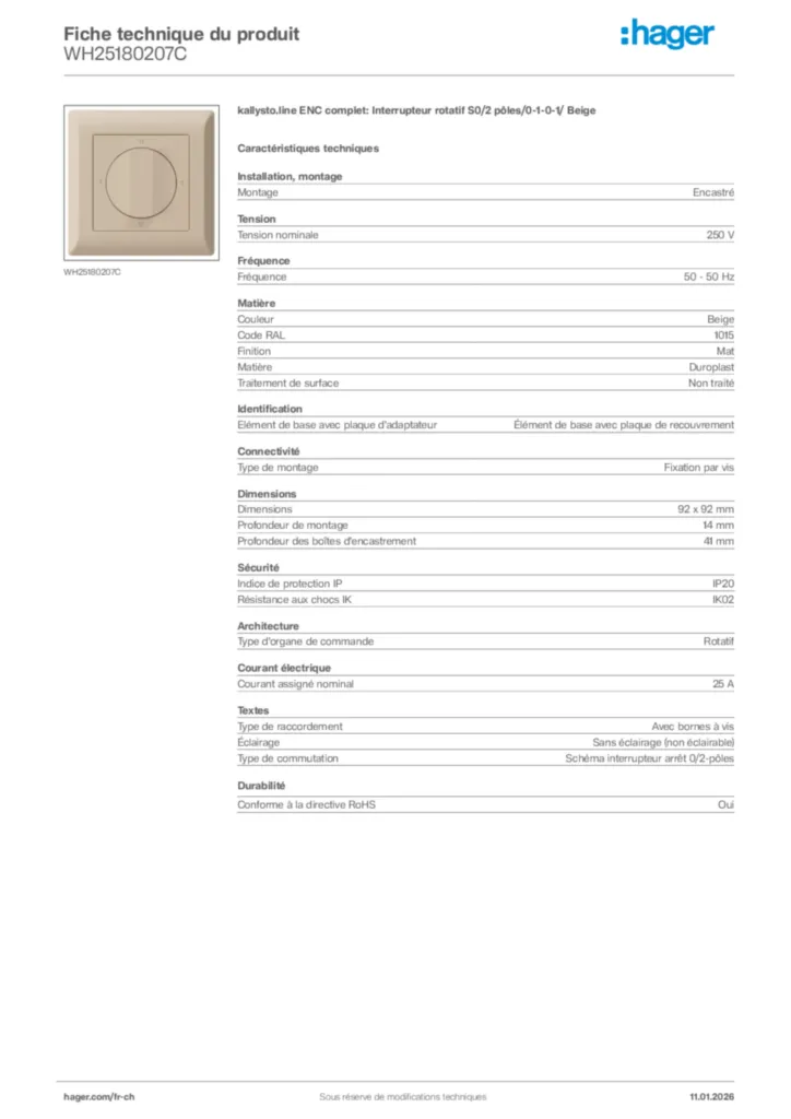 Image Hager Fiche technique du produit WH25180207C | Hager Suisse