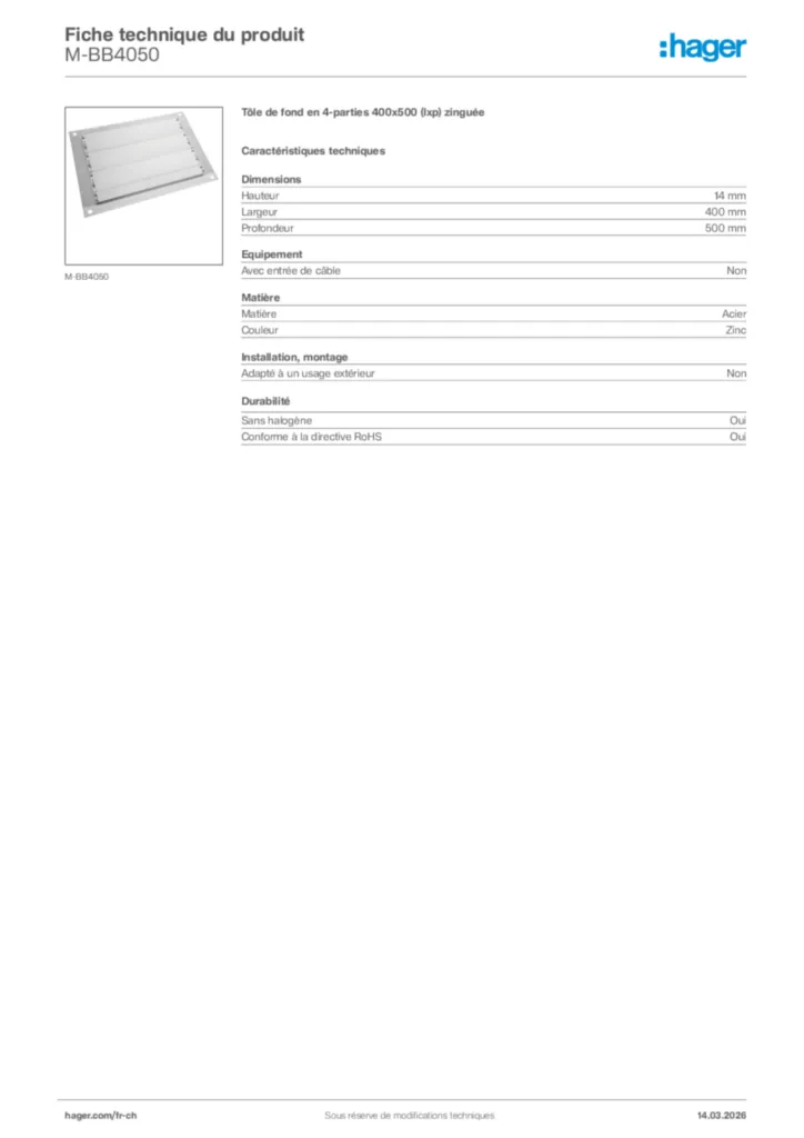 Image Hager Fiche technique du produit M-BB4050 | Hager Suisse