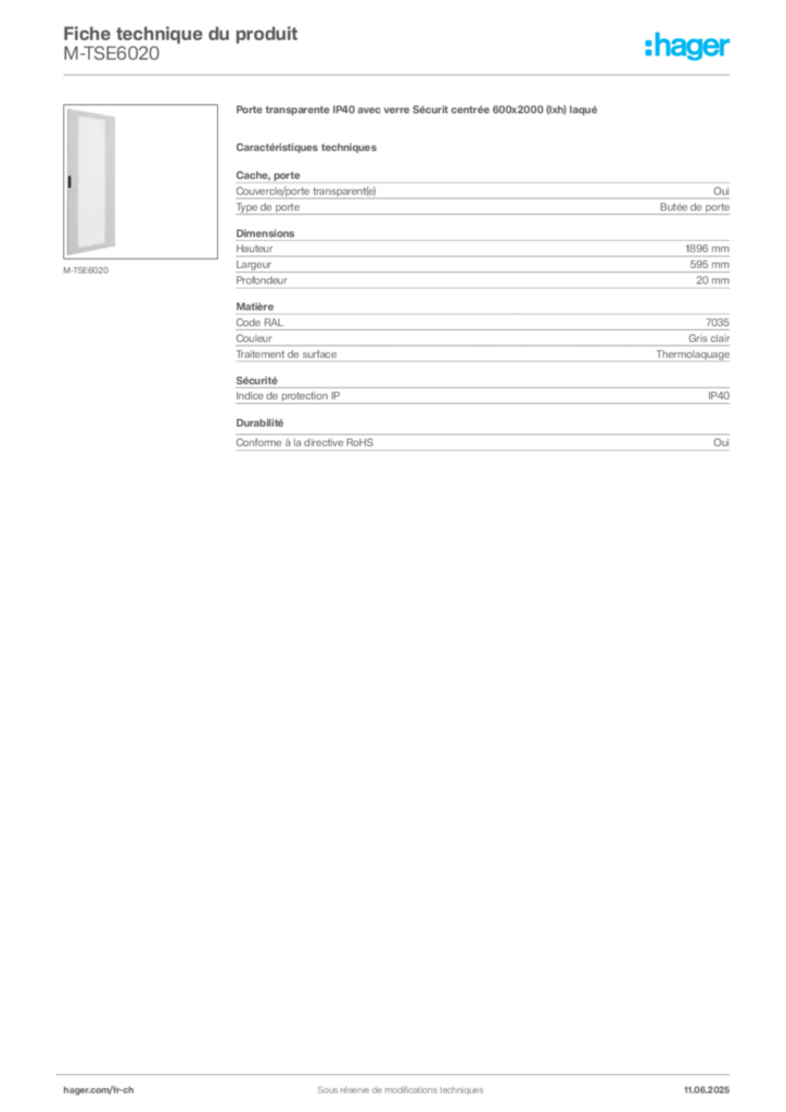 Image Hager Fiche technique du produit M-TSE6020 | Hager Suisse