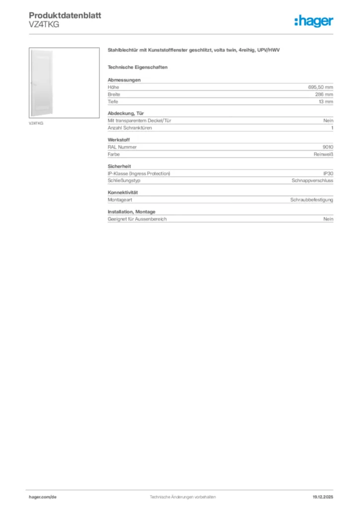 Bild Hager Produktdatenblatt VZ4TKG | Hager Deutschland