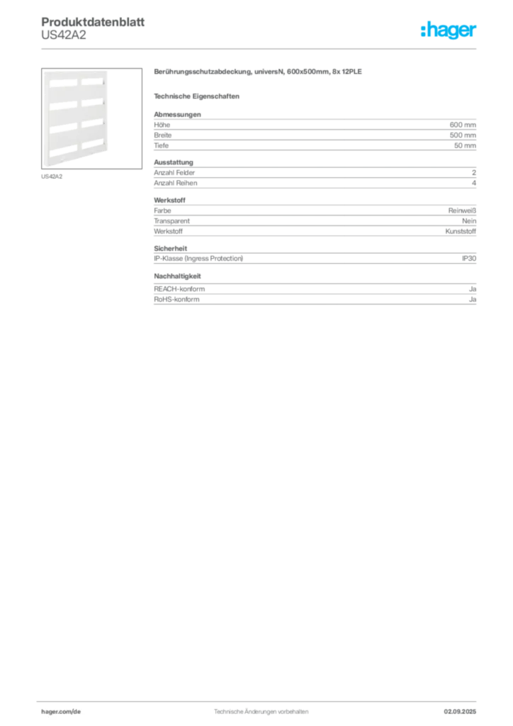 Bild Hager Produktdatenblatt US42A2 | Hager Deutschland