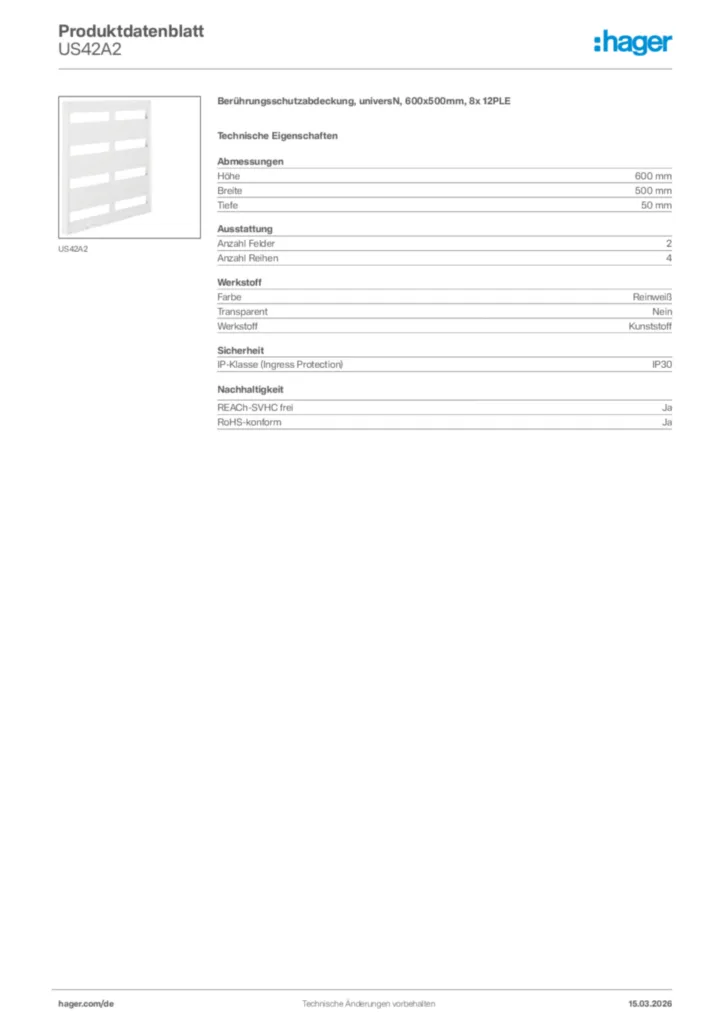 Bild Hager Produktdatenblatt US42A2 | Hager Deutschland