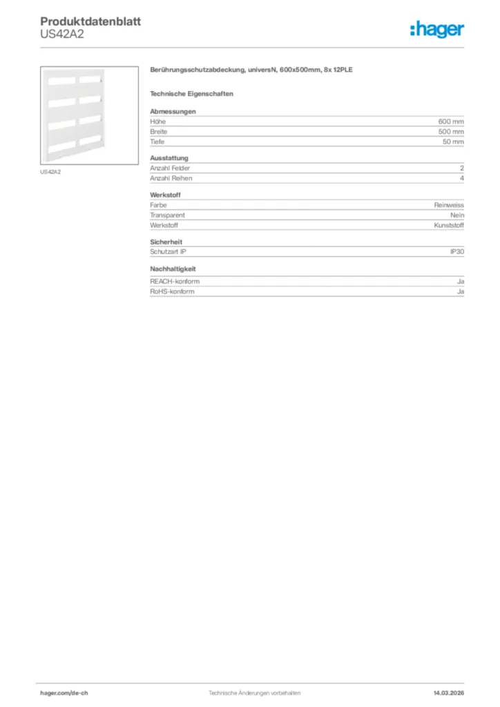 Bild Hager Produktdatenblatt US42A2 | Hager Schweiz