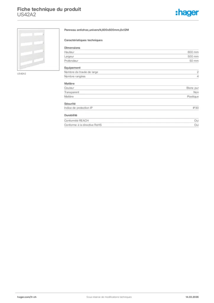 Image Hager Fiche technique du produit US42A2 | Hager Suisse