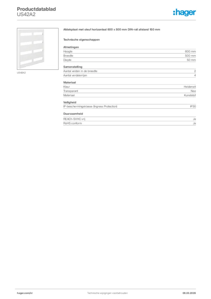 Afbeelding Hager Productdatablad US42A2 | Hager Nederland