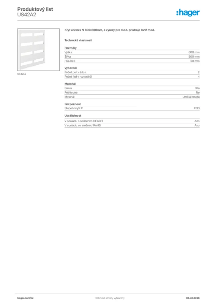 Obrázek Hager Product data sheet US42A2 | Hager