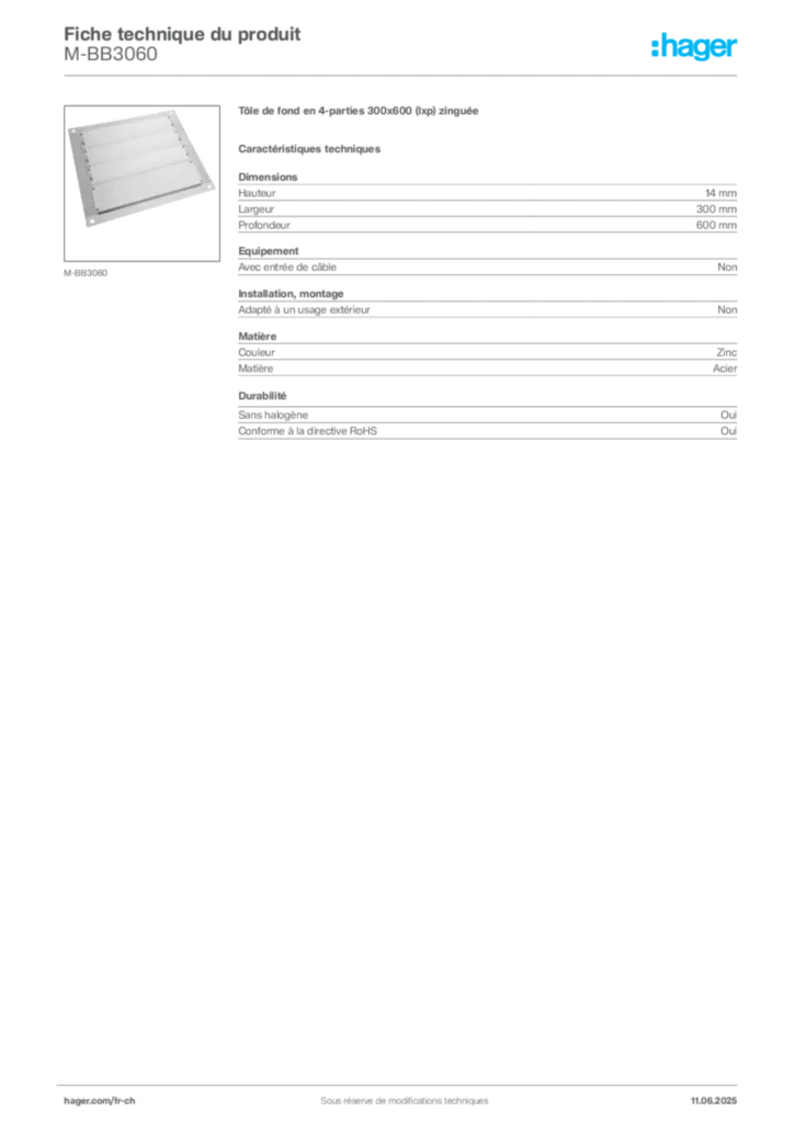 Image Hager Fiche technique du produit M-BB3060 | Hager Suisse