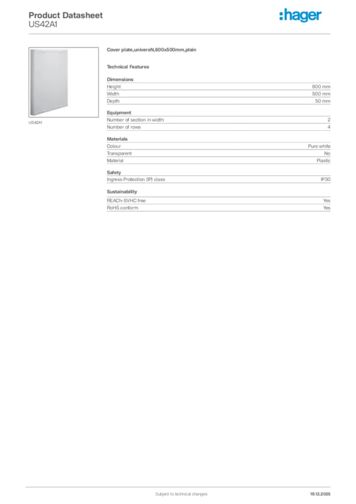 Image Hager Product data sheet US42A1  | Hager Africa