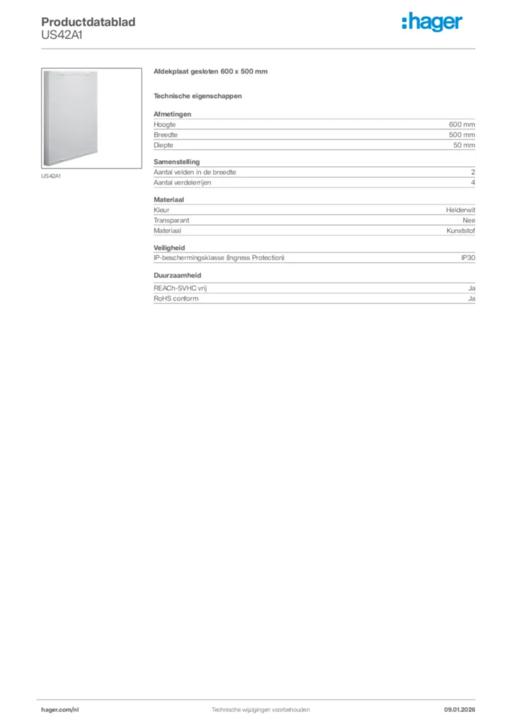 Afbeelding Hager Productdatablad US42A1 | Hager Nederland