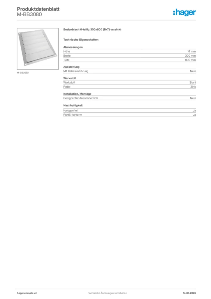 Bild Hager Produktdatenblatt M-BB3080 | Hager Schweiz