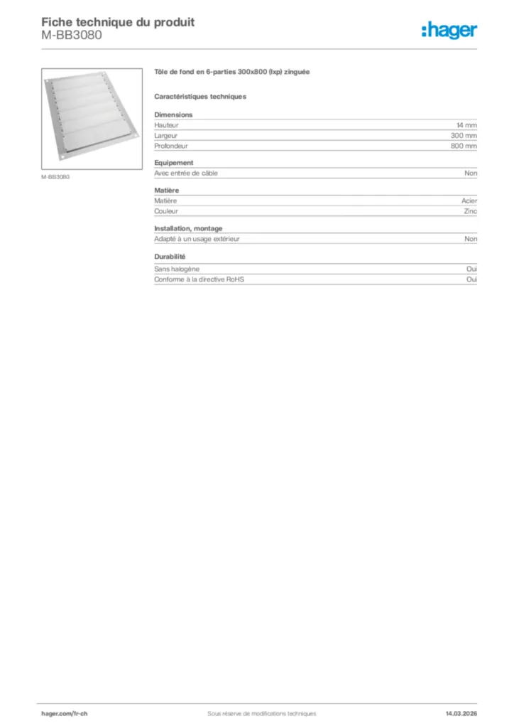 Image Hager Fiche technique du produit M-BB3080 | Hager Suisse