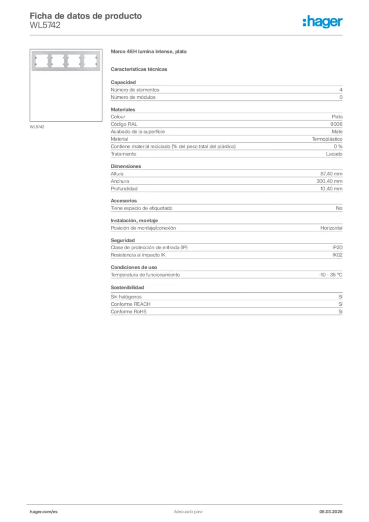 Imagen Hager Ficha de datos de producto WL5742 | Hager España